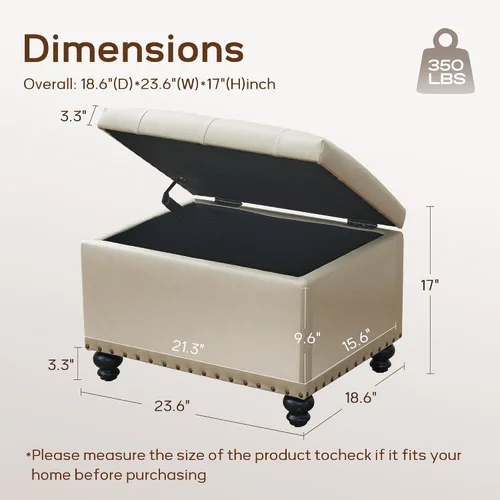 Miniatura 2 de Zihanhome Otomana de cuero con almacenamiento, reposapiés otomano tapizado con botones, taburetes para pies, otomanas rectangulares de 24 pulgadas