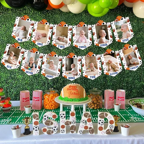 Miniatura 5 de Sursurprise Decoraciones deportivas de primer cumpleaños, pancarta mensual de fotos para niños, suministros de fiesta de primer cumpleaños
