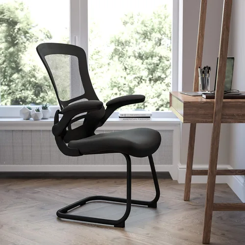 BizChair Silla de recepción lateral con base de trineo de malla negra con brazos abatibles-sala de espera de oficina