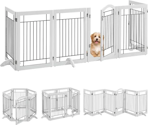Miniatura 11 de Yaheetech Puerta extra ancha independiente para perros, valla plegable para cachorros con pies de apoyo adecuada para puertas, escaleras, 98 Espresso
