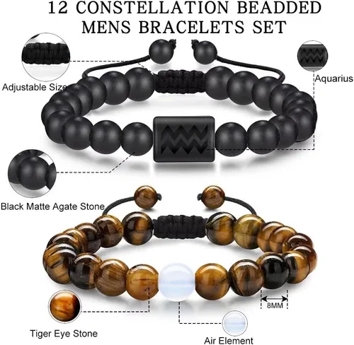 Miniatura 3 de Pulseras del zodiaco para hombres y mujeres, hechas a mano, ojo de tigre natural de 0.315in y piedra de ágata mate para hombre, pulseras