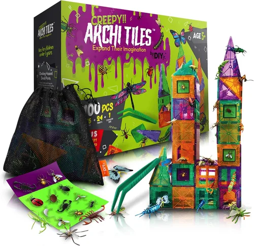 DIY jr Creepy Archi Tiles - Azulejos magnéticos para niños - Bloques de construcción coloridos con insectos, bolsa de almacenamiento, calcomanías,