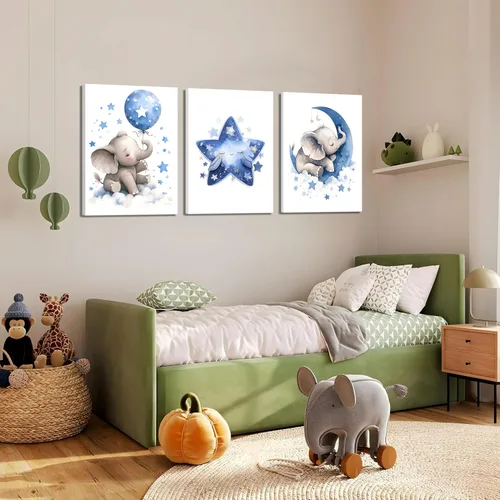 Miniatura 9 de Juego de 3 Arte de Pared en Lienzo para Cuarto de Bebé Niño, Pintura de Decoración de Pared con Imagen de Elefante Azul Luna y Estrellas, Lindos