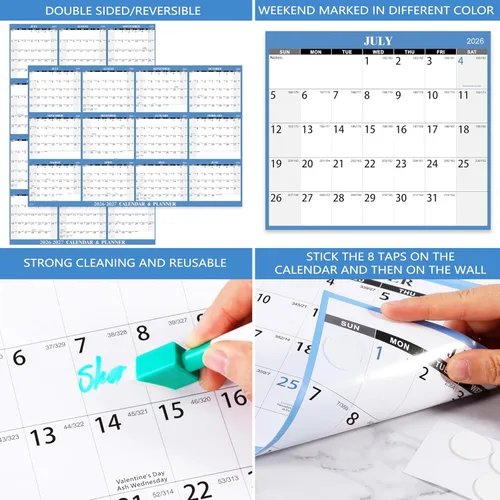 Miniatura 6 de Calendario de borrado en seco 2026-2027 para pared, calendario de pared 2026-2027, calendario de pared anual, 48 x 32 pulgadas, julio de 2026 a