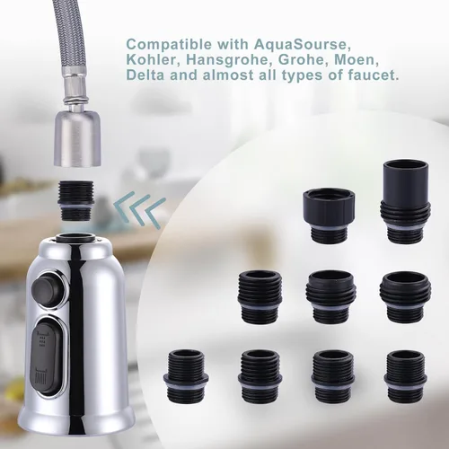 Miniatura 2 de Reemplazo de cabezal de grifo extraíble, cabezal rociador de grifo de cocina de 3 funciones con 9 adaptadores, boquilla de pulverización de Cromo
