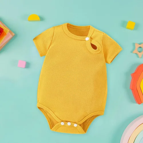 Miniatura 4 de Mameluco unisex de algodón para bebé, niña de manga corta, color sólido, enterizo de verano lindo a la moda, S