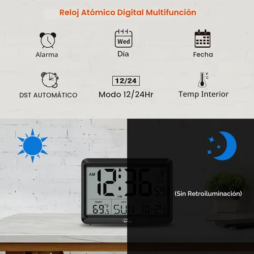 Miniatura 3 de WallarGe - Reloj de pared digital atómico, funciona con pilas, autoconfiguración, pantalla grande con temperatura, fecha, día de la semana, reloj