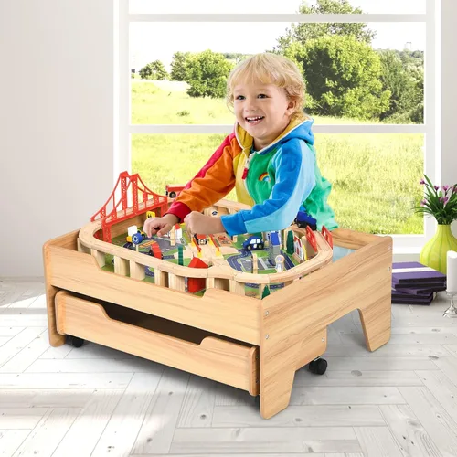 Miniatura 2 de OLAKIDS Mesa de tren, 100 piezas de madera para niños, juego de mesa de actividades con cajón de almacenamiento, pistas de ferrocarril multicolor