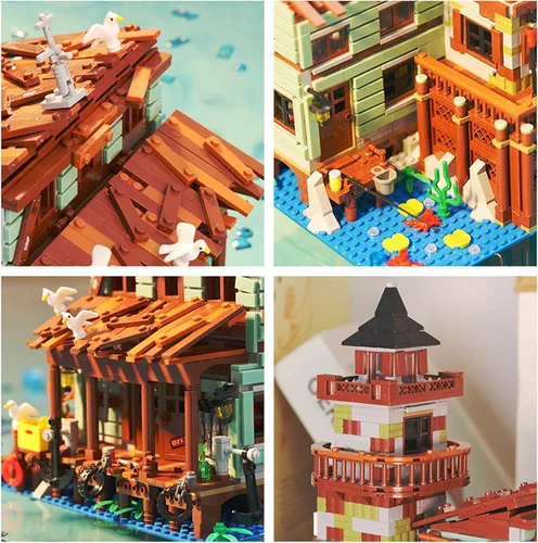 Miniatura 4 de 1881 piezas de bloques de construcción de cabaña de madera de pueblo pesquero con iluminación LED, ideales creativos, juegos de construcción