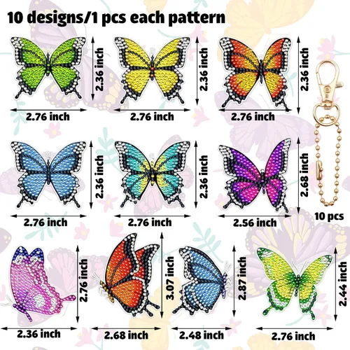 Miniatura 2 de Juego de 10 llaveros de pintura de diamante de mariposa de doble cara, llaveros artísticos de diamantes 5D para colgar adornos de diamantes