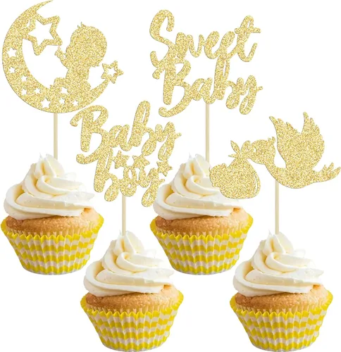 Miniatura 21 de 24 piezas de decoración para cupcakes de baby shower Oh Baby con moño, botella para niño, azul profundo, purpurina para pasteles, decoraciones