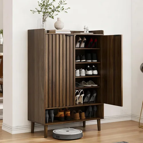 Miniatura 10 de Smuxee Armario de zapatos con 2 cajones abatibles, gabinete de almacenamiento de zapatos oculto natural de 23.6 pulgadas con diseño estriado