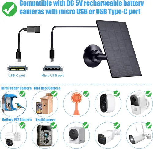 Miniatura 3 de Zivif Panel solar para cámara de seguridad, cargador solar de 2 W con puerto micro USB y USB-C para cámara de batería recargable, con soporte