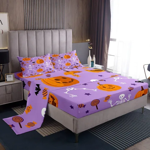 Miniatura 12 de Erosebridal Juego de sábanas de Halloween con diseño de fantasmas de dibujos animados, decoraciones de calabaza de Halloween, juego de sábanas