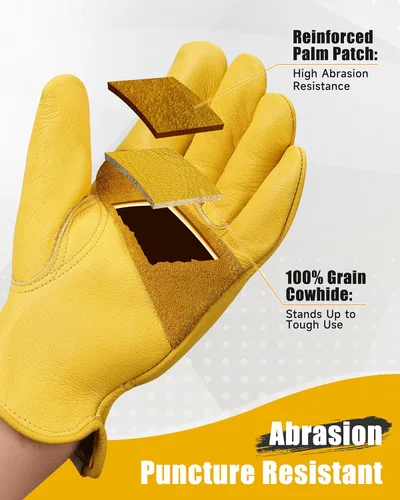 Miniatura 2 de DULFINE Cowhide Leather Work Gloves for Men & Women, Reinforced Durable Gardening Gloves, Puncture & Cut Resistant Dorado - Clásico
