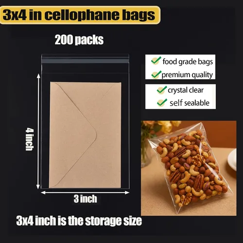 Miniatura 2 de 200 piezas de bolsas de celofán transparentes con cierre autoadhesivo de 7,6 x 10,2 cm, bolsas de polietileno resellables de 2,8 mils para galletas