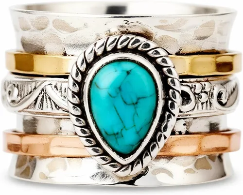 Anillos de turquesa para mujeres y hombres, chapado en plata de ley, joyería bohemia, vintage, natural, delicada, occidental, anillos de piedra
