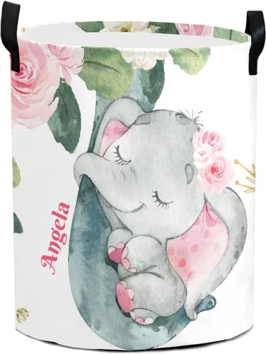 Miniatura 9 de Cestas de lavandería personalizadas de elefante floral rosa con nombre, cesta de almacenamiento de ropa plegable con asa para baño, dormitorio
