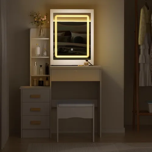 Miniatura 6 de Escritorio de tocador de maquillaje con espejo y luces, mesa de tocador con 4 cajones, 7 estantes y espacio extra oculto, tocador compacto
