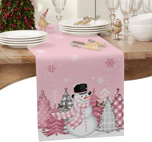 Miniatura 2 de Camino de mesa de muñeco de nieve rosa rubor, lino de algodón, bufandas de 36 pulgadas, diseño de lunares de Navidad para cocina, café, comedor