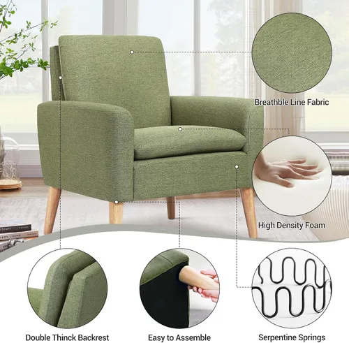 Miniatura 3 de Silla de Acento de Mediados de Siglo, Sillón Tapizado de Lino Verde para Sala de Estar o Dormitorio, Cómoda Silla de Sofá Moderna para Habitación