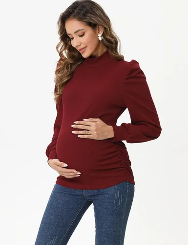 Miniatura 4 de Camiseta de maternidad de punto acanalado para mujer, casual, cuello alto, manga larga, fruncida, túnica para mujeres embarazadas