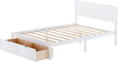 Miniatura 4 de P PURLOVE Base de cama de tamaño matrimonial con cajones de almacenamiento, plataforma de madera con cabecero para niños, color blanco