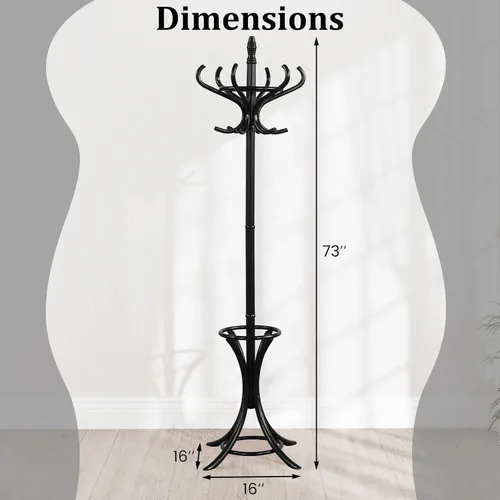 Miniatura 9 de Tangkula Perchero con soporte para paraguas, perchero independiente de 73 pulgadas con 12 ganchos, entrada de madera para ropa, bolsos, sombreros
