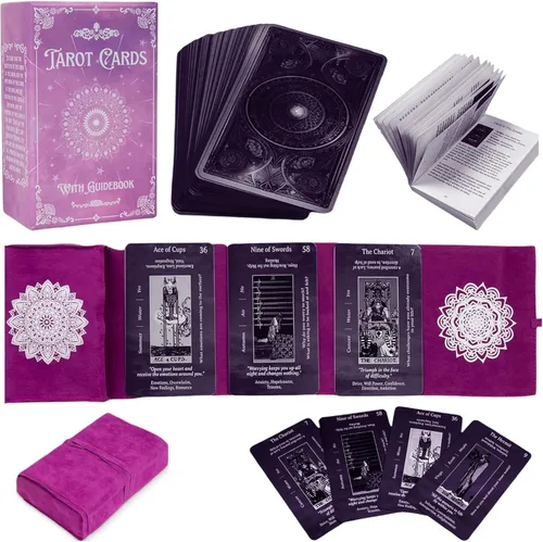 Cartas de tarot con guía con significados en ellas | Bolsa de tarot con colocaciones | Diseños morados y rosados | Perfecto para principiantes y