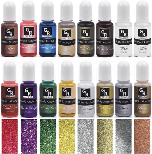 Juego de tinta de alcohol metálico, 16 colores metálicos a base de alcohol para arte de resina, arte fluido, manualidades de resina, placa de Petri