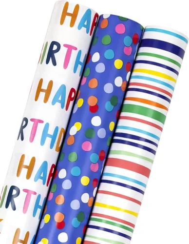 Miniatura 26 de MAYPLUSS rollo de papel de regalo para cumpleaños - mini rollo - 17 pulgadas x 120 pulgadas por rollo - tiras de globo rojo, letras de feliz Feliz