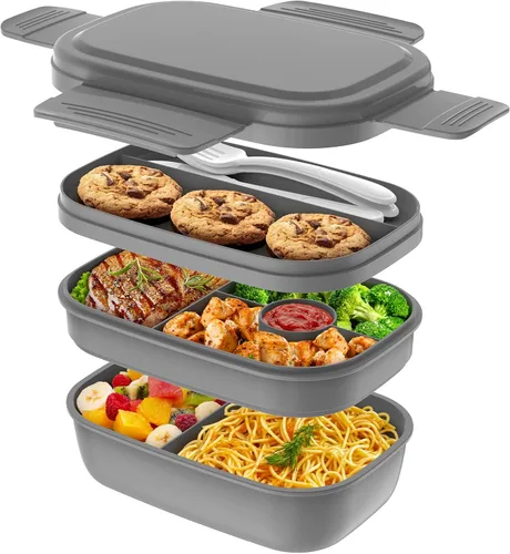 Miniatura 8 de HOMETALL - Lonchera bento apilable para niños y adultos, gran capacidad de 1900ml, contenedores de almuerzo a prueba de fugas con juego de cubiertos