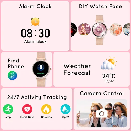 Miniatura 9 de AMOLED - Reloj inteligente para mujer con pantalla pequeña de 1.19 pulgadas para teléfonos iPhone / Android con llamada Bluetooth, frecuencia 1-Oro