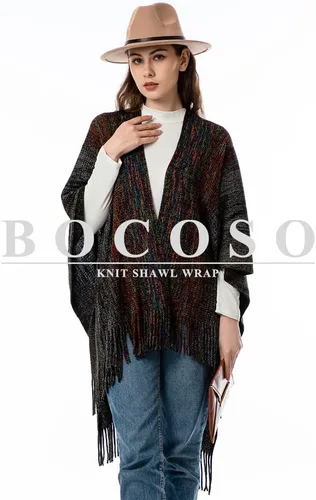 Miniatura 2 de BOCOSO Women's Knit Shawl Wraps, Knitted Poncho Cape Open Front Cardigan Sweater with Tassel for Spring Fall Winter