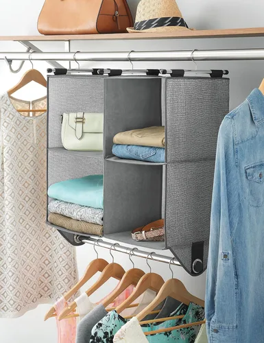 Miniatura 2 de Whitmor Estantería organizadora de armario de tela de 4 secciones con barra de ropa de cromo incorporada Gris claro + gris oscuro