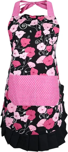 Miniatura 13 de G2PLUS Delantal de cocina floral vintage para mujer, delantal de cocina con dobladillo plisado negro con bolsillo, delantal de algodón retro