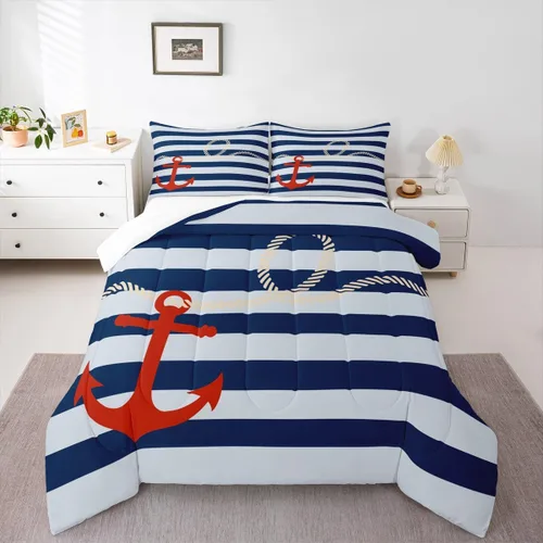 Miniatura 5 de Manfei Juego de edredón con ancla náutica para niños tamaño Twin, juego de ropa de cama con cuerda de cáñamo de rayas azules y blancas para niños