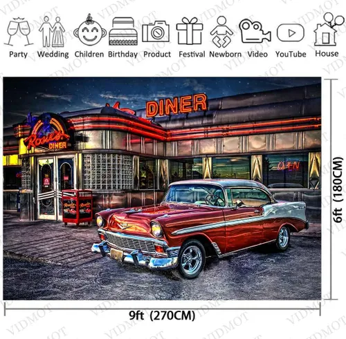 Miniatura 3 de Telón de Fondo de Rock Roll de los 50s para Diner 1950s Coche Vintage Retro Nostalgia para Fotografía 2.74x1.83m Accesorios para Estudio de Fotos