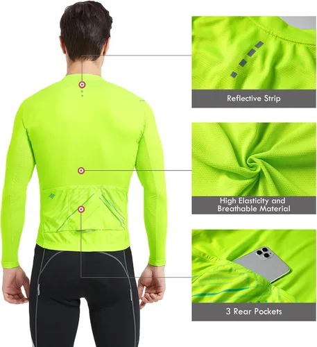 Miniatura 22 de Santic - Camiseta de ciclismo para hombre, manga larga, reflejante, cremallera completa, con bolsillos