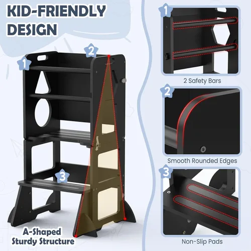 Miniatura 2 de Woodure Taburete de cocina 4 en 1 para niños, torre de pie plegable de aprendizaje con pizarra, taburete de cocina de madera para niños, regalos