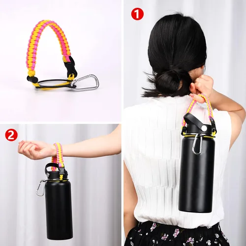 Miniatura 3 de Mango de cuerda de paracaídas con correa de hombro para correa de botella Hydro Flask Rosa y amarillo