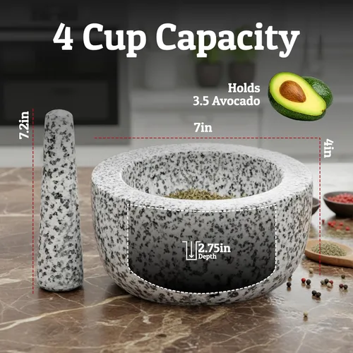 Miniatura 3 de Priority Chef Juego de mortero y mortero de granito natural extra grande de servicio pesado, 4 tazas, tallado a mano, haz guacamole fresco, salsa