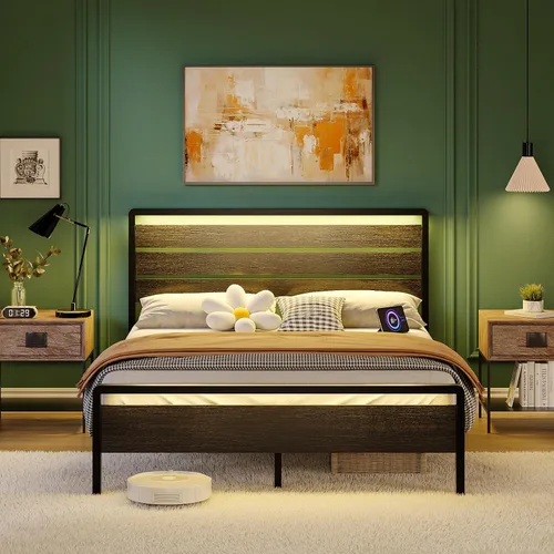Miniatura 9 de VINGLI Base de cama de plataforma completa con espacio de almacenamiento debajo de la cama de 12 pulgadas, cabecero y estribo LED RGB, 2 puertos