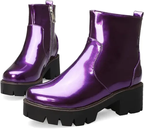 Miniatura 3 de Botines elegantes de moda para mujer, de charol con punta redonda, con cremallera, tacón medio grueso