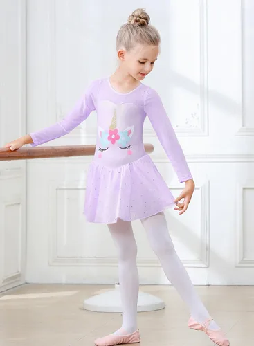 Miniatura 69 de EQSJIU Leotardo de baile de manga larga para niñas, vestido de ballet brillante con copo de nieve, tutú con falda tutú para niñas