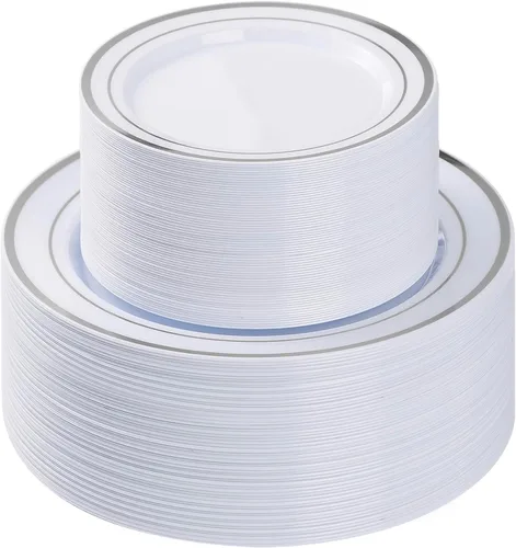 Miniatura 8 de BESTVIP 100 piezas de plato de plástico transparente, platos desechables para fiesta con 50 platos para cena y 50 platos para postre, plato de Claro