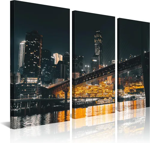 Miniatura 21 de NAN Wind Detroit Skyline - Lienzo decorativo para pared, paisaje urbano, escena nocturna, impresión artística de ciudad en blanco y negro sobre