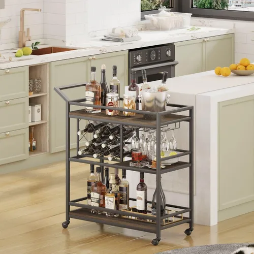 Miniatura 4 de FATORRI Carrito de bar para el hogar con estante para vino y soporte para vasos, pequeño carrito de servicio de bar en casa con ruedas para licor