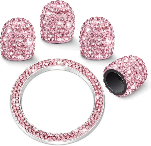Miniatura 15 de WINKA 4 tapones para válvula de neumático de automóvil con diamantes de imitación, 1 cubierta de botón de motor de automóvil, anillo de encendido