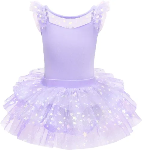 IDOPIP Leotardo con falda tutú de estrellas con purpurina para niñas, manga con volantes, vestido de ballet para bailarina, traje de gimnasia